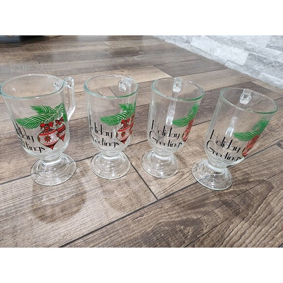 Vintage Indiana Glass Clear Christmas Holiday Greetings Pedestal Mugs Set Of 4 - Picture 1 of 4